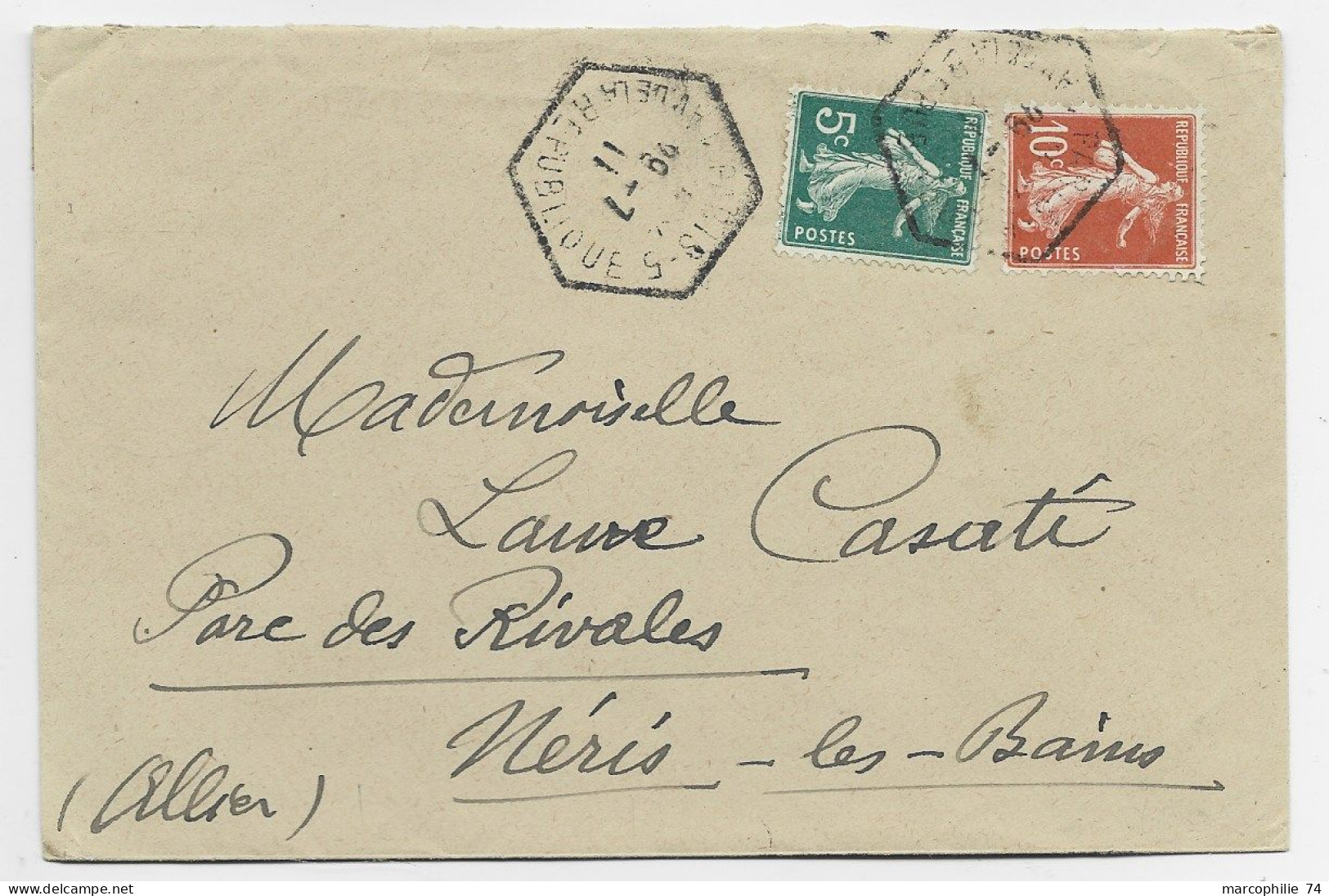 SEMEUSE 5C+10C LETTRE C. HEX LEVEE EXCEPTIONNELLE PARIS 5 29.7.11 R DE LA REPUBLIQUE - 1877-1920: Période Semi Moderne