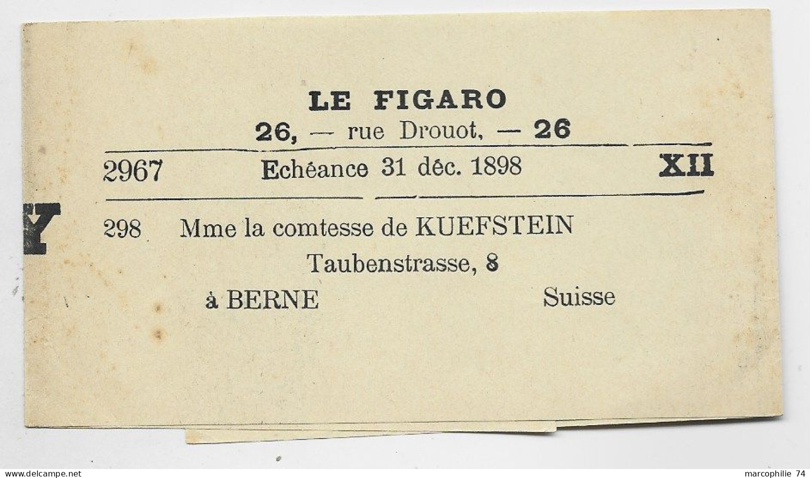 SAGE 5C N° 75 SEUL AU VERSO PETITE BANDE ENTETE LE FIGARO PARIS 1898 POUR SUISSE AU TARIF - 1877-1920: Semi Modern Period