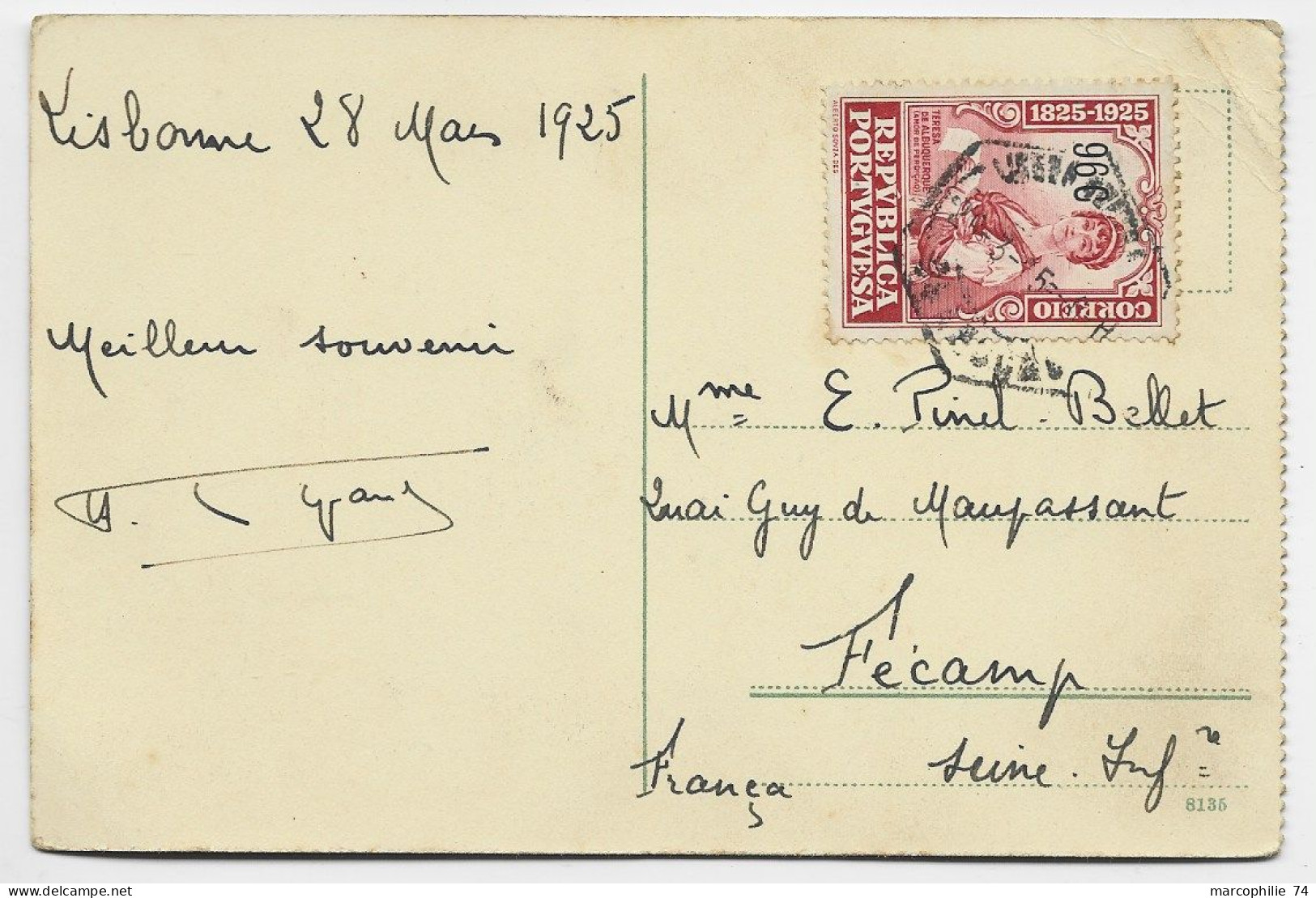 PORTUGAL 96C SOLO CART TARJETA POSTAL LISBOA 1925 TO FRANCE - Lettres & Documents