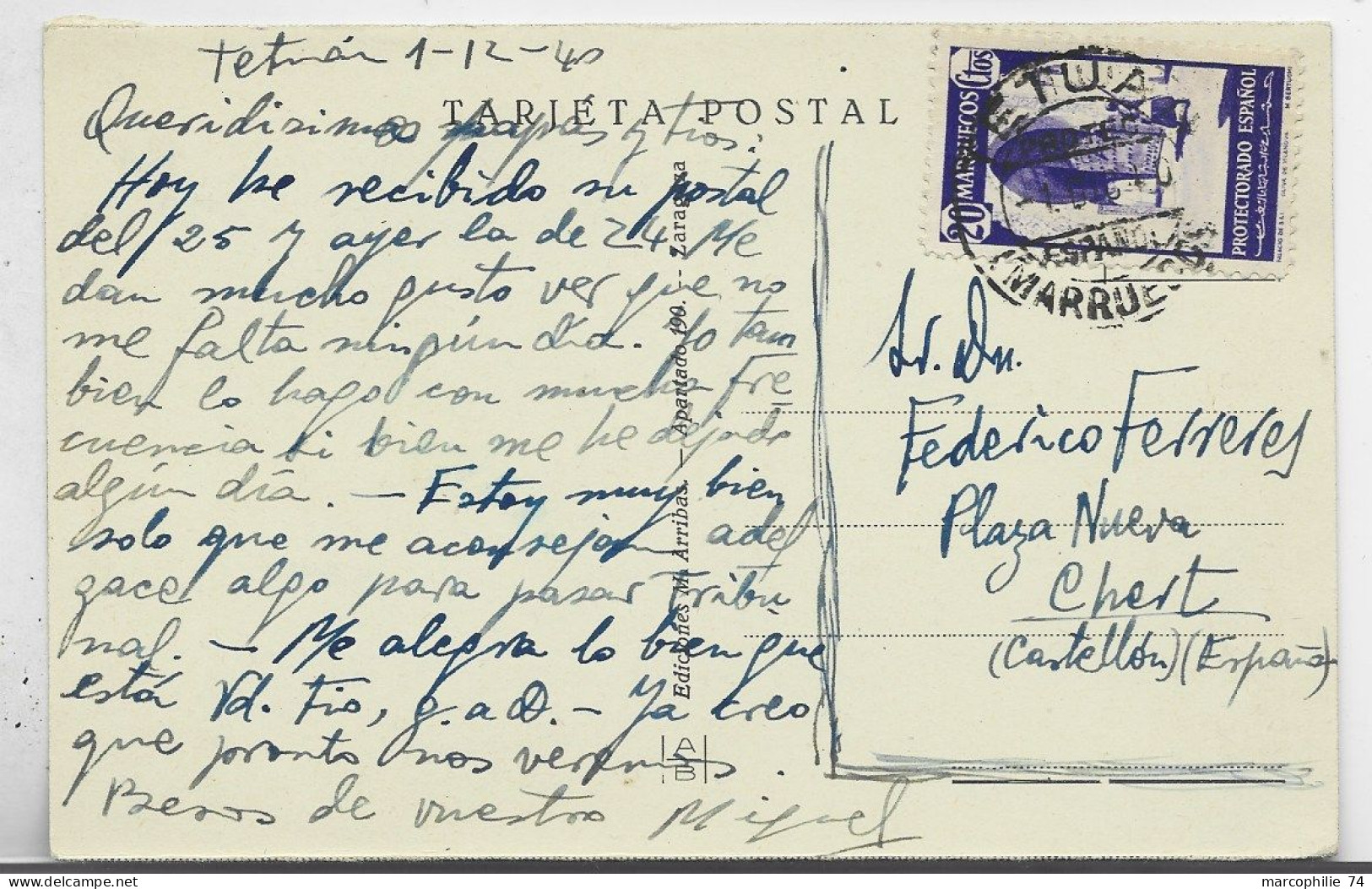 TETUAN ESPANA 20C SOLO TARJETA POSTAL TETUAN 1940 TO CASTELLON ESPANA - Spaans-Marokko