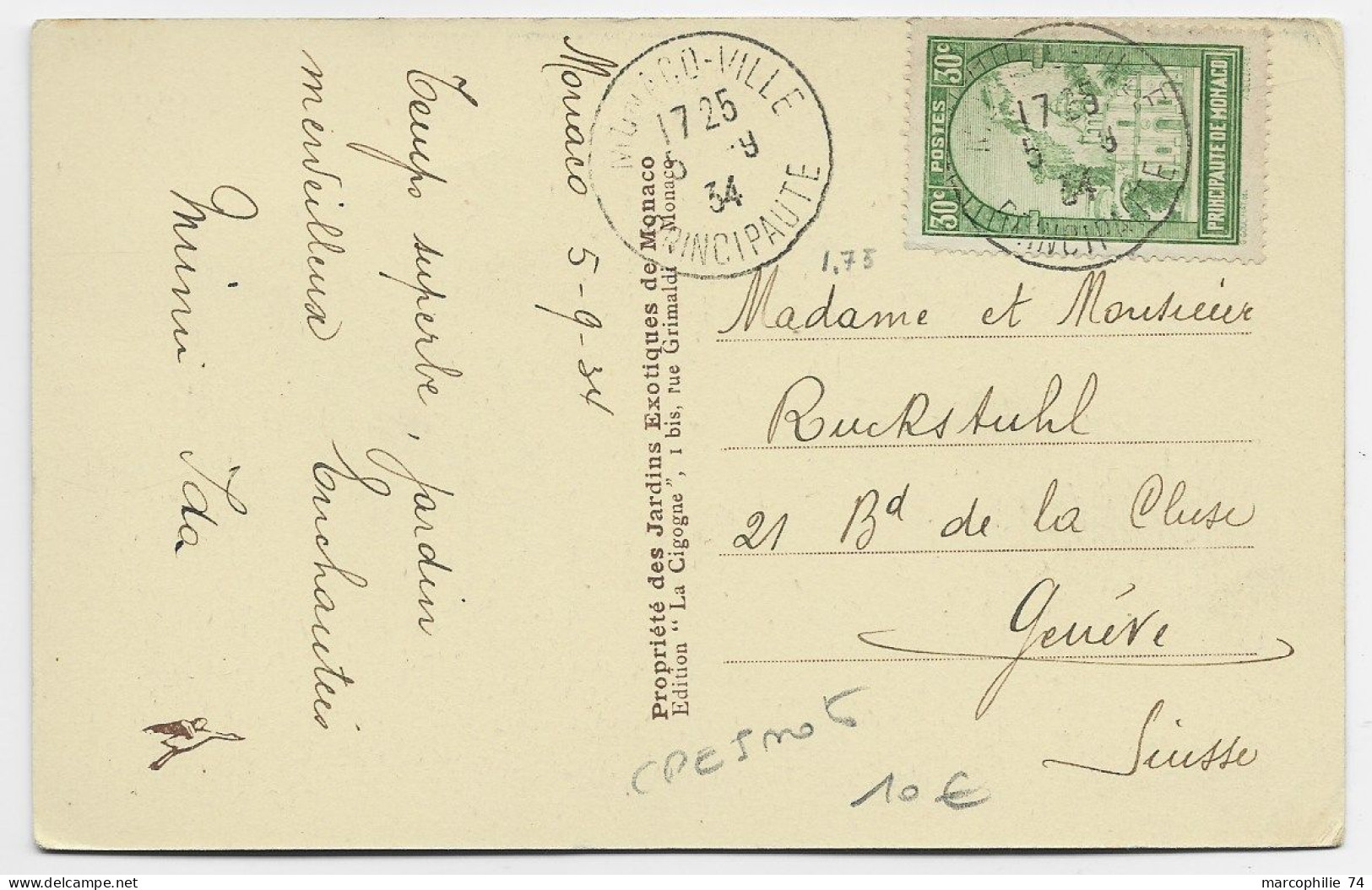 MONACO 30C VERT SEUL CARTE 5 MOTS MONACO VILLE 5.9.1934 POUR SUISSE AU TARIF - Lettres & Documents