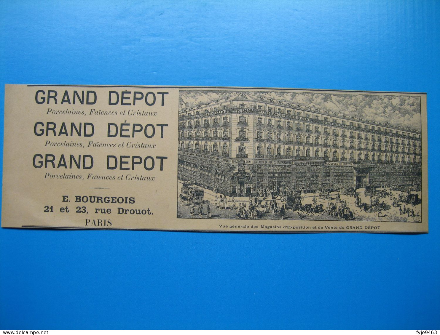 (1897) Magasins De Porcelaines, Faïences Et Cristaux - GRAND DÉPOT - (E. Bourgeois) - Rue Drouot à Paris - Publicités