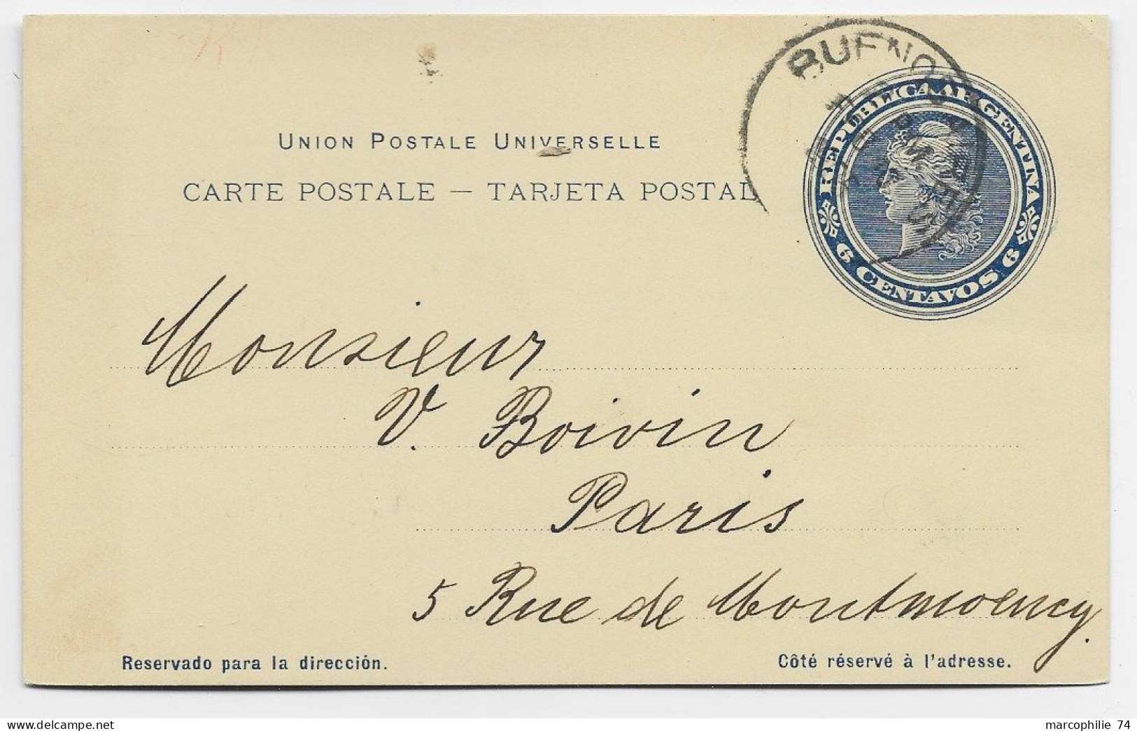 ARGENTINA 6C ENTIER CARTE POSTALE TARJETA BUENOS AIRES 1905 TO FRANCE - Postal Stationery