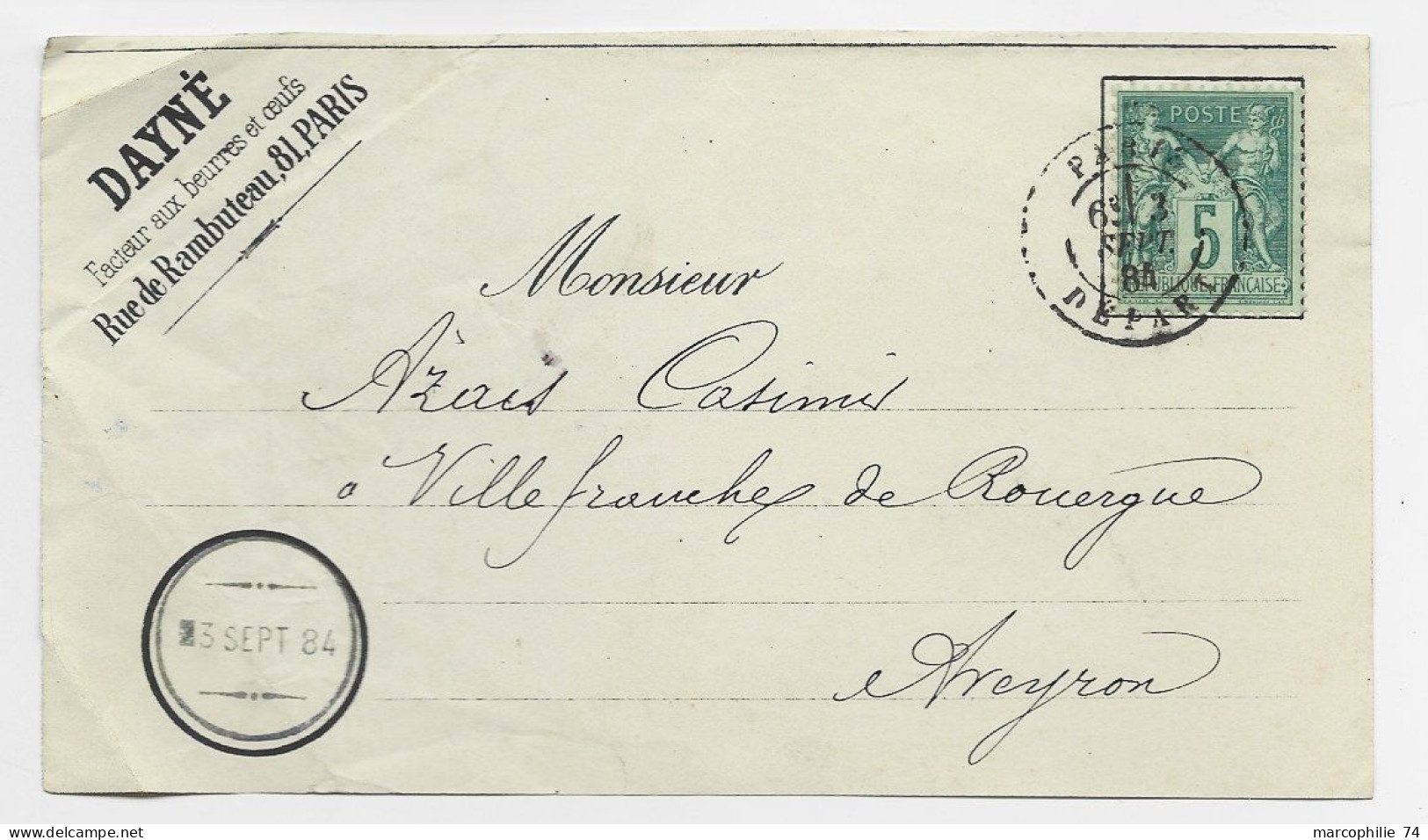 SAGE 5C N° 75 DEVANT LETTRE FRONT COVER DAGUIN ESSAI PARIS DEPART 3 SEPT 1884 - Mechanical Postmarks (Advertisement)