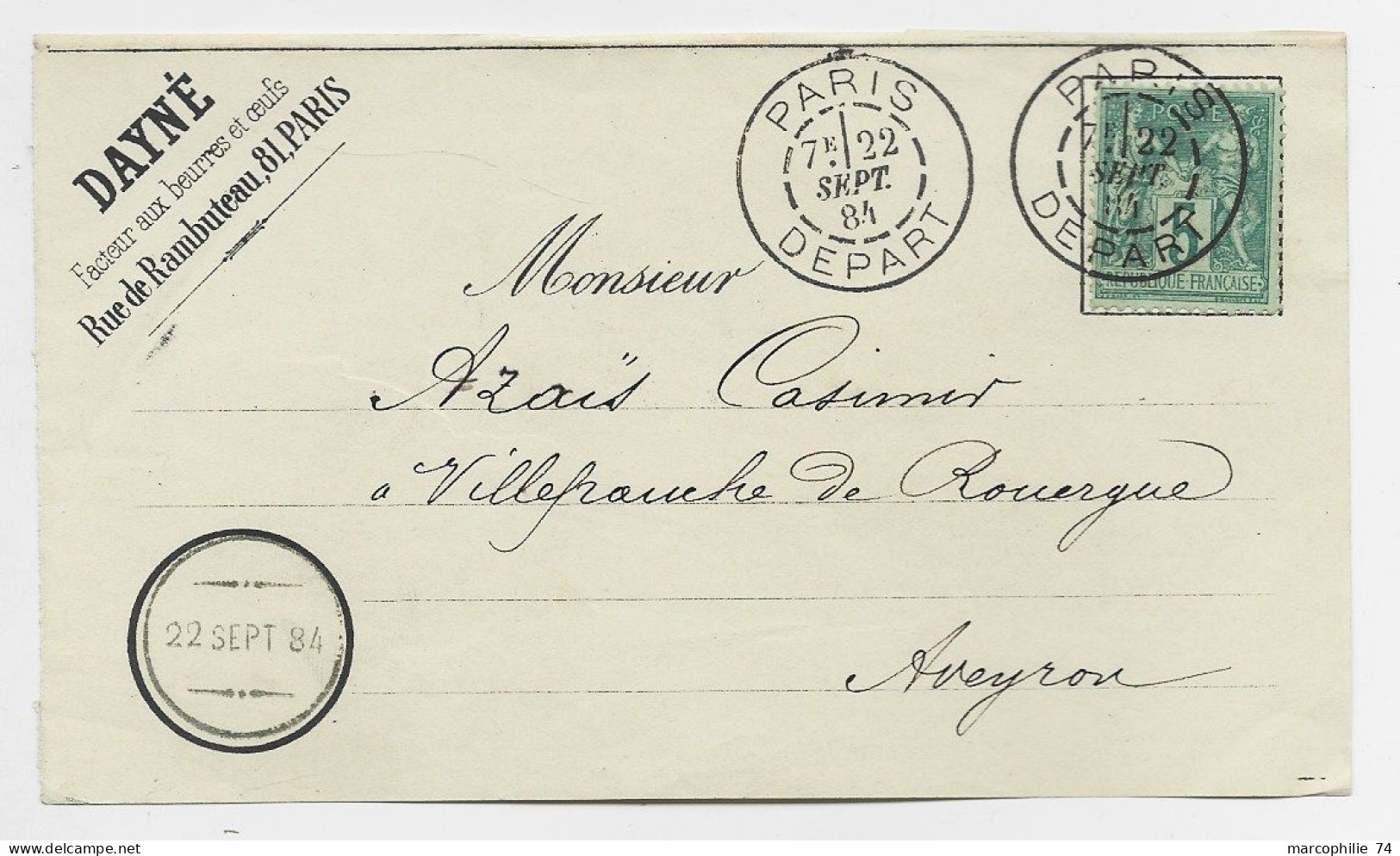 SAGE 5C N° 75 DEVANT LETTRE FRONT COVER DAGUIN JUMELE PARIS DEPART 22  SEPT 1884 - Mechanical Postmarks (Advertisement)