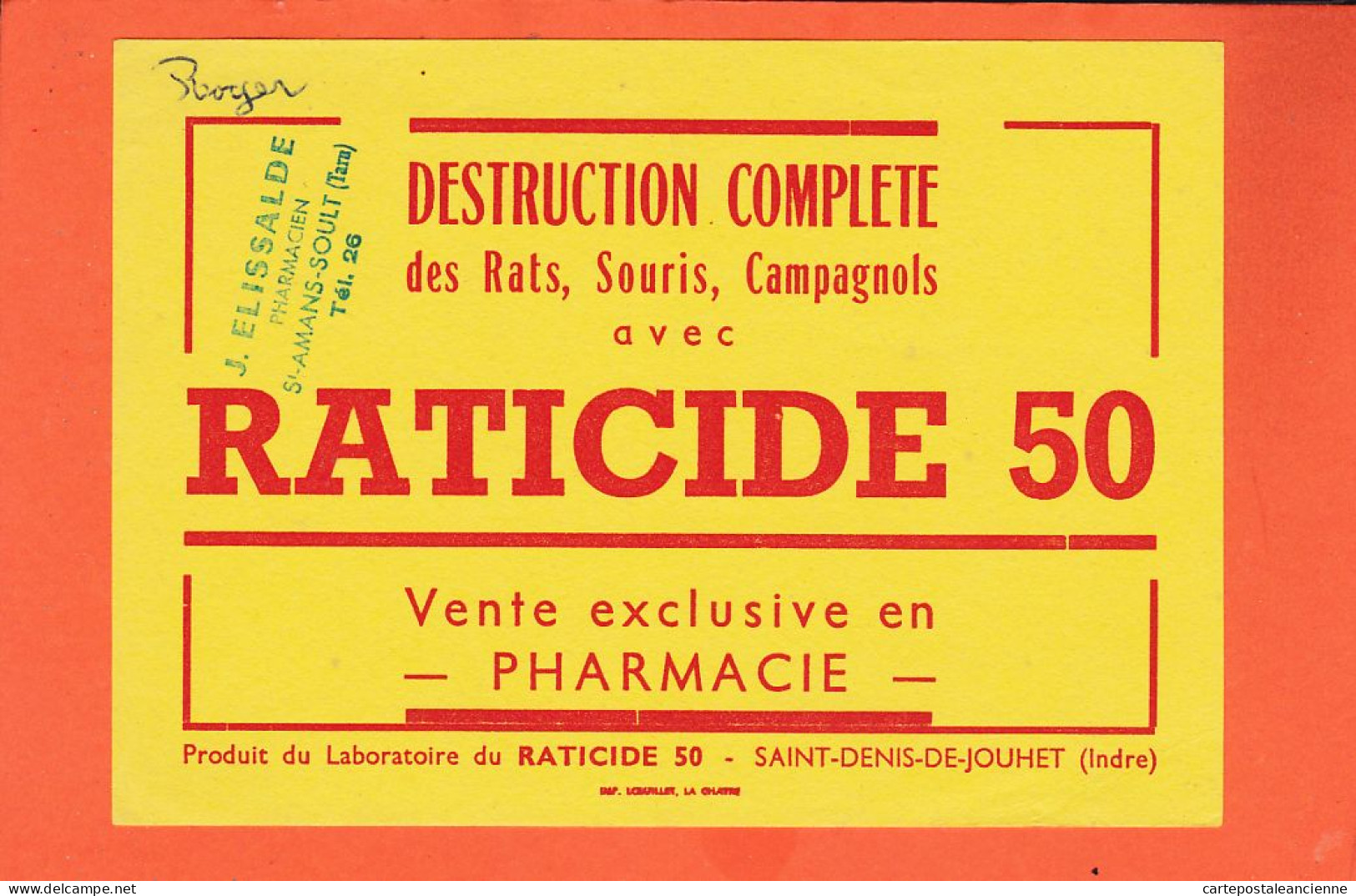 06150 / Laboratoire SAINT-DENIS-DE-JOUHET 36-Indre RATICIDE 50 Rats Tampon Pharmacie ELISSALDE SAINT-AMANS-SOULT Buvard - Produits Pharmaceutiques