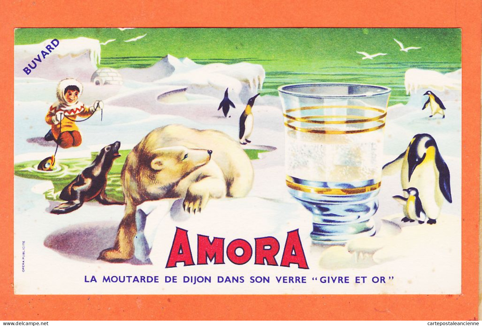 06178 / ⭐ ◉ AMORA Moutarde De DIJON 21-Cote D'Or-Verre GIVRE Et OR-Esquimaux Ours Blanc Phoque Manchot Buvard - Moutardes