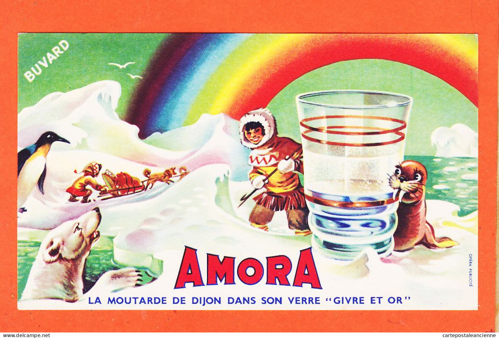 06182 / ⭐ ◉ AMORA Moutarde De DIJON 21-Cote D'Or-Dans Son Verre GIVRE Et OR-Esquimaux Ours Blanc Phoque Buvard-Blotter - Senf