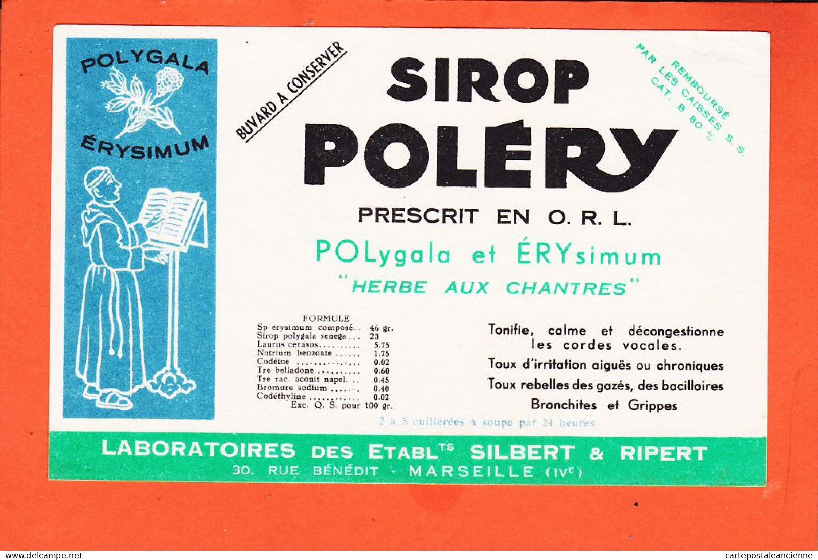 06148 / MARSEILLE 30 Rue BENEDIT Sirop POLERY O.R.L POLygala Et ERYsimum Herbe Chantres Buvard-Blotter - Produits Pharmaceutiques