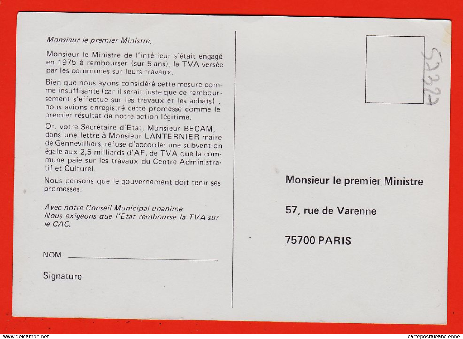 06032 / ♥️ ⭐ ◉ Rare 92-GENNEVILLIERS Carte-Pétition Maire LANTERNIER Pour Remboursement TVA Travaux à Premier Ministre - Gennevilliers