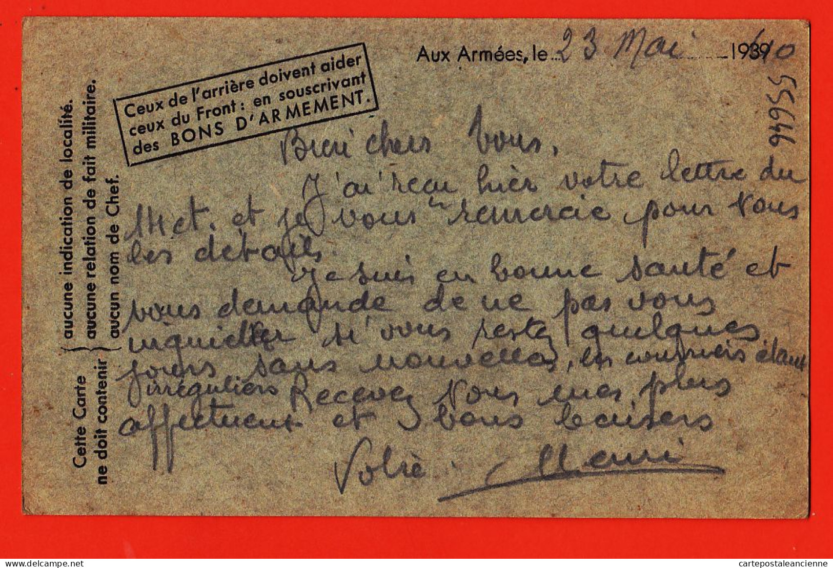 06121 / C.P Militaire Aux Armées 23-05-1940 Sergent-Chef Henri MICOULAUT à Georges 35 Rue Galibert Ferret Mazamet - Weltkrieg 1939-45