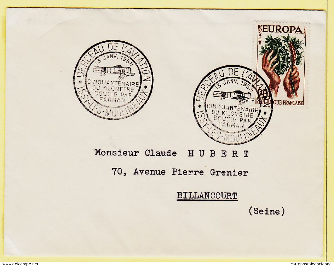 06024 / ⭐ ◉ Berceau Aviation Cinquantenaire Kilomètre Bouclé Par FARMAN ISSY-les-MOULINEAUX 13 Janvier 1958  - Commemorative Postmarks