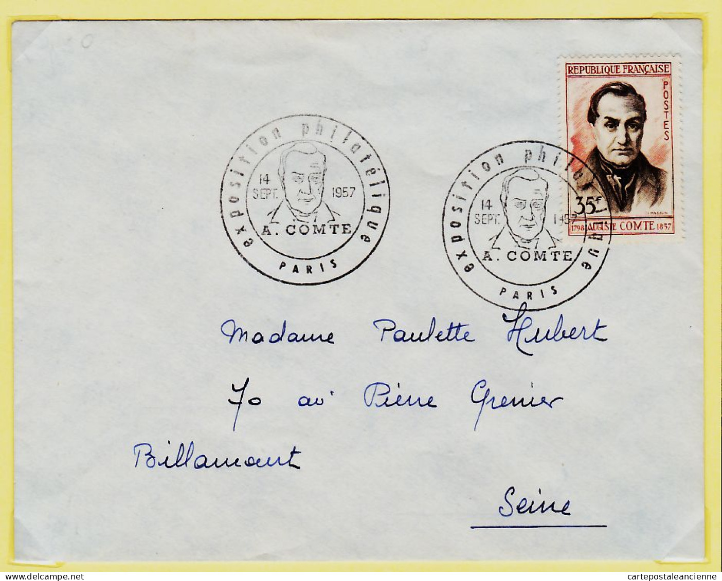 06028 / ⭐ ◉ Exposition Philatélique Auguste  COMTE Y&T 1121 PARIS 14 Septembre 1957 à Paulette HUBERT Billancourt - Gedenkstempels