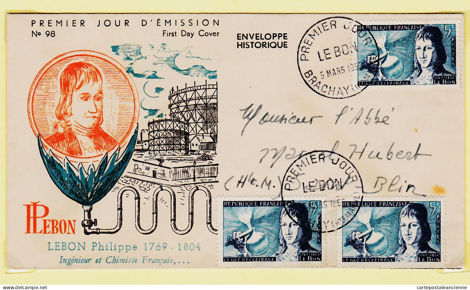 06018 / F.D.C Philippe LEBON LE BON Ingénieur Chimiste 1er Jour  BRACHAY 5 Mars 1955-Abbé Marcel HUBERT St-Hubert N°98 - 1950-1959