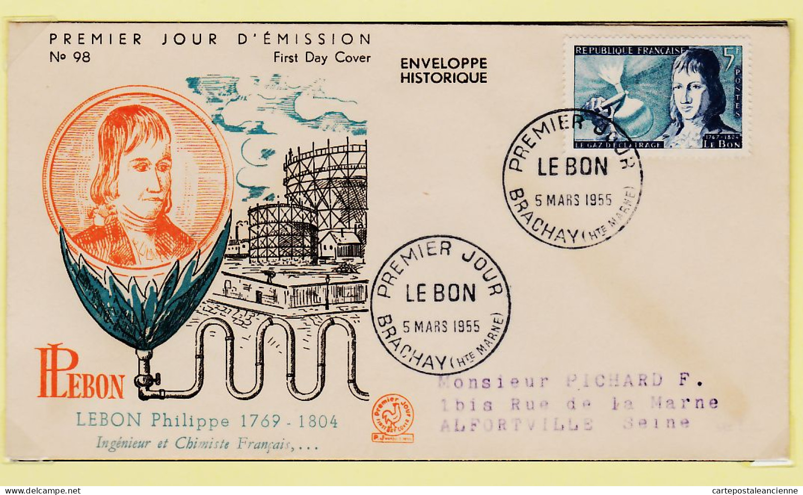 06030 / ⭐ (•◡•) FDC Philippe LEBON LE BON Ingénieur Chimiste 1er Jour BRACHAY 5 Mars 1955 à PICHARD Alfortville FDC 98 - 1950-1959