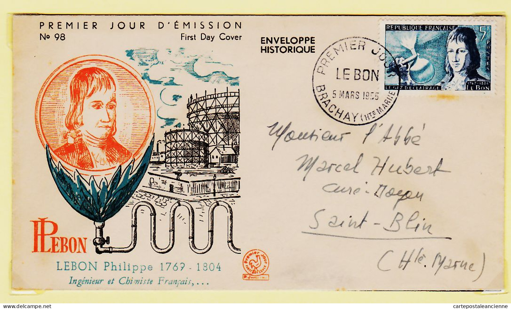 06017 / F.D.C Philippe LEBON LE BON Ingénieur Chimiste 1er Jour  BRACHAY 5 Mars 1955 à Abbé Marcel HUBERT St-Hubert - 1950-1959