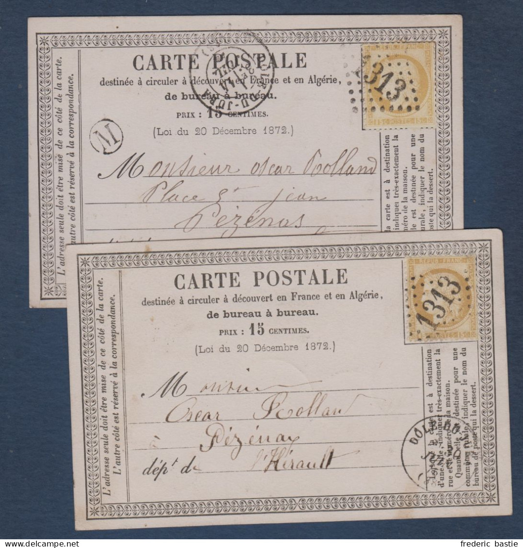 Jura - 2  Cartes  Avec 15c Obl. GC 1313  Cachets Type 16 Et 17 DOLE DU JURA - 1849-1876: Klassik