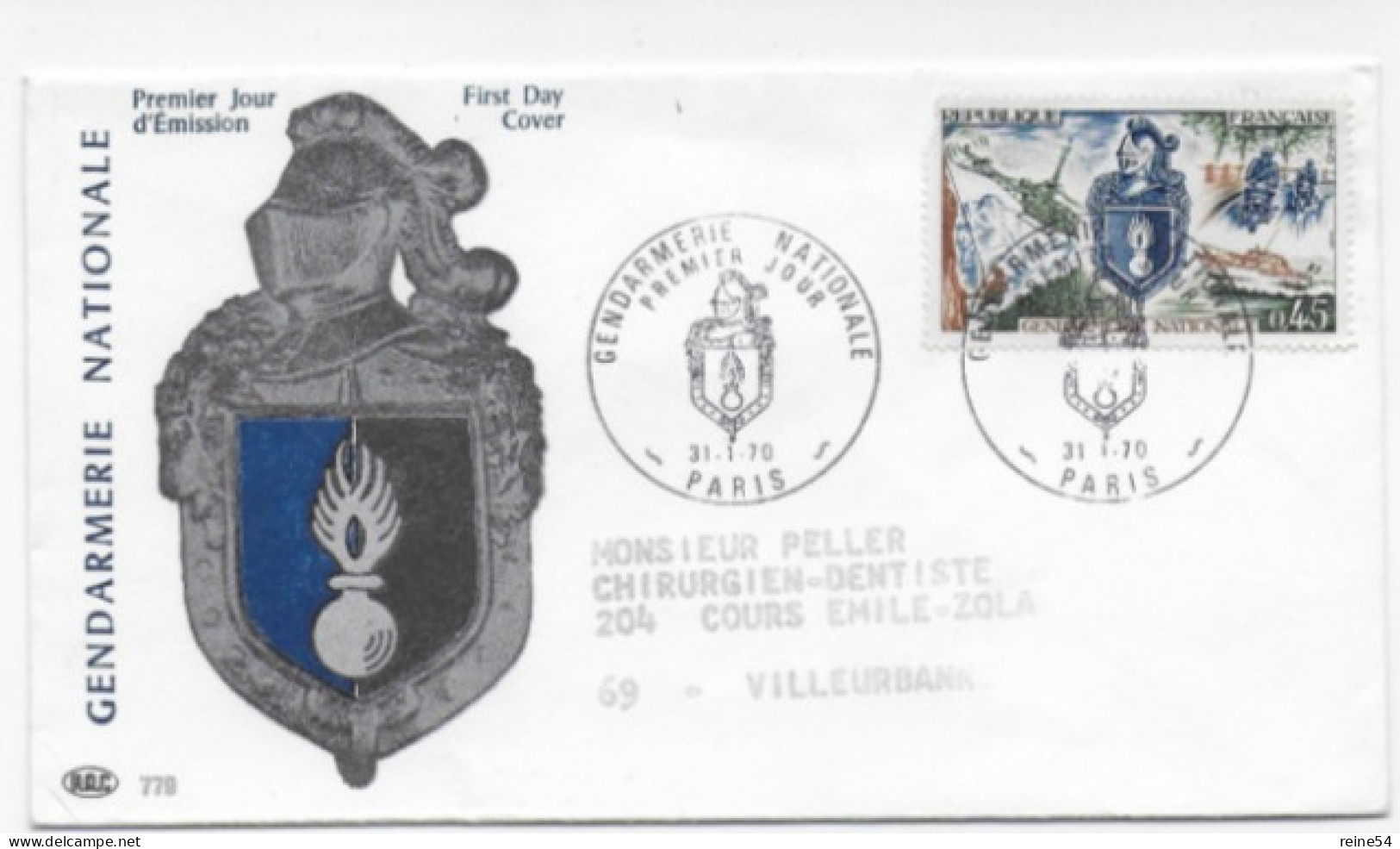 Enveloppe Premier Jour - Gendarmerie Nationale 31 Janv 1970 Paris (75) F.D.C N° YT 1622 (circulé-timbre écorché) - 1970-1979