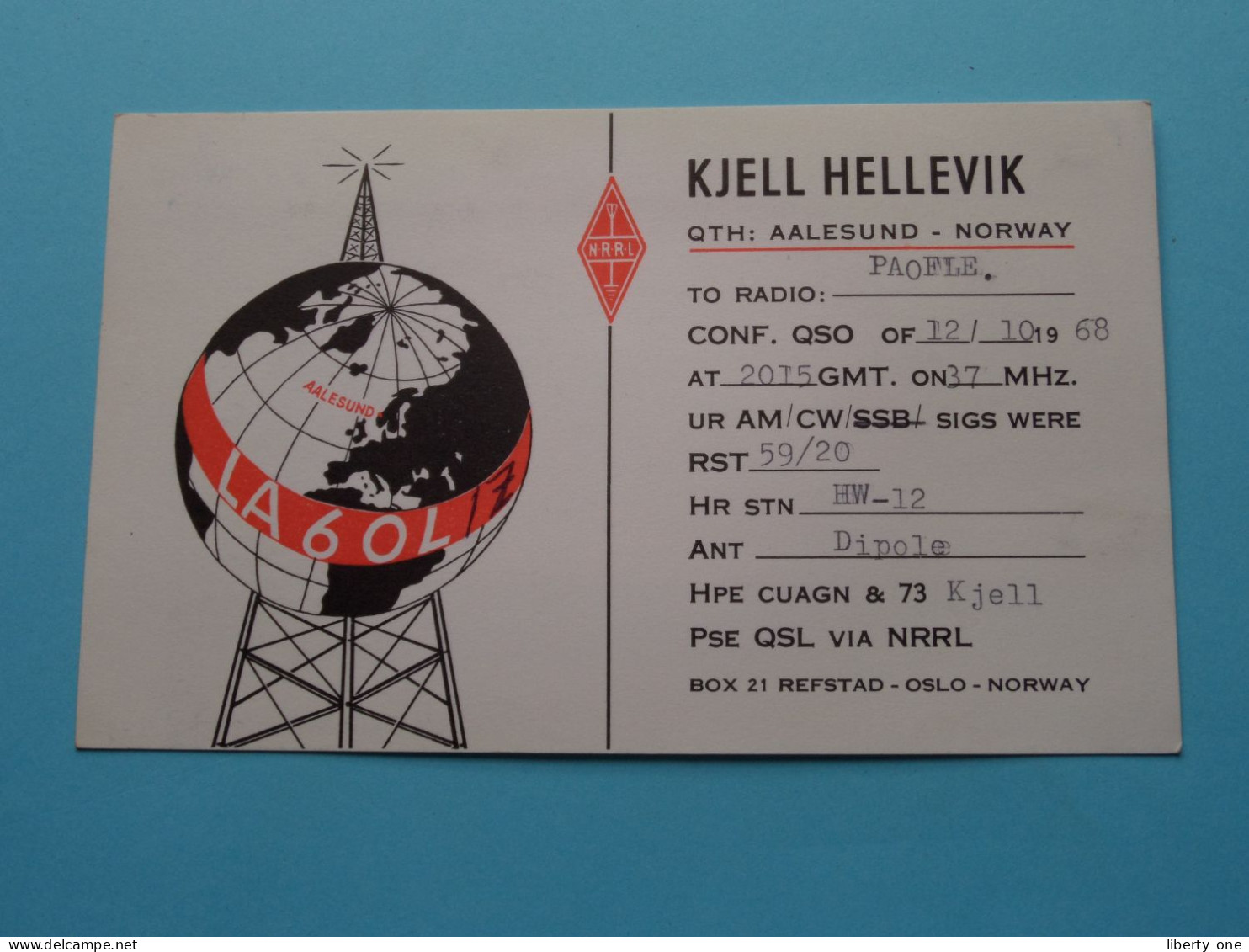 LA6OL - NORWAY Kjell Hellevik ( Radio / QSL ) 1968 ( See SCANS ) ! - Autres & Non Classés