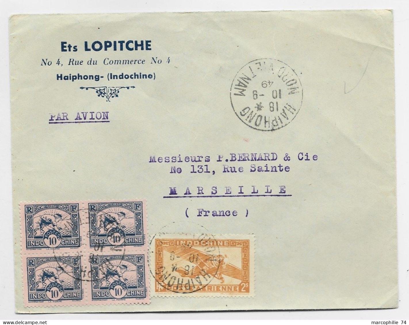 INDOCHINE 10C BLOC  DE 4+ PA 2$ LETTRE COVER AVION HAIPHONG 10.9.1949 NORD VIET NAM TO FRANCE - Vietnam