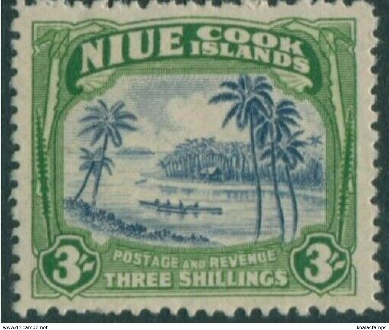 Niue 1938 SG77 3/- Blue And Yellowish Green Canoe Light Toning MNH - Niue