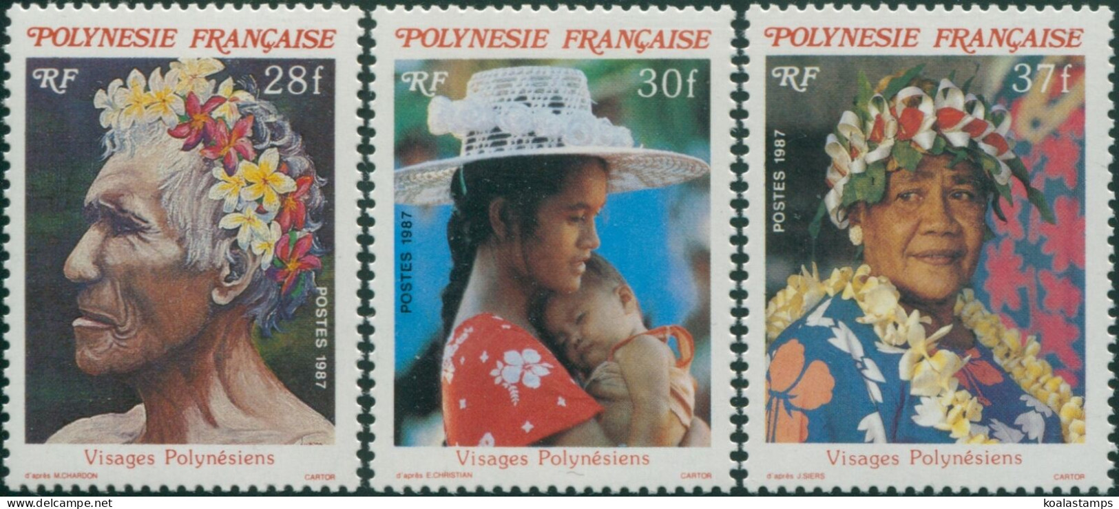 French Polynesia 1987 Sc#452-454,SG498-500 Polynesian Faces Set MNH - Other & Unclassified