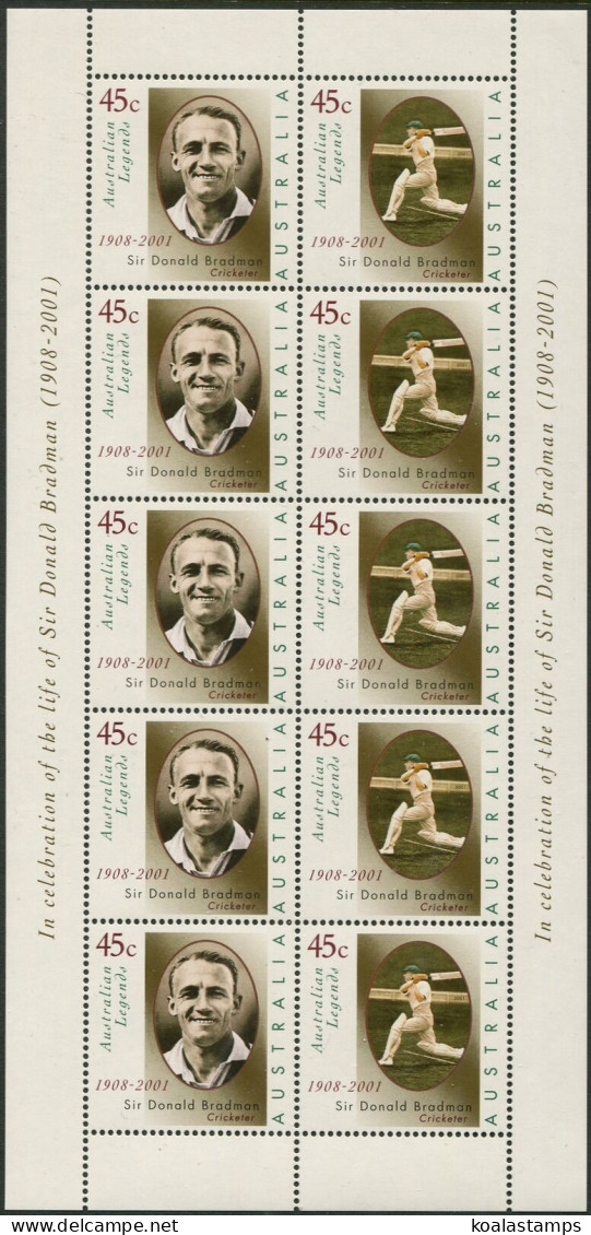 Australia 2001 SG2077 Sir Donald Bradman Cricketer Sheetlet Of 10 MNH - Other & Unclassified