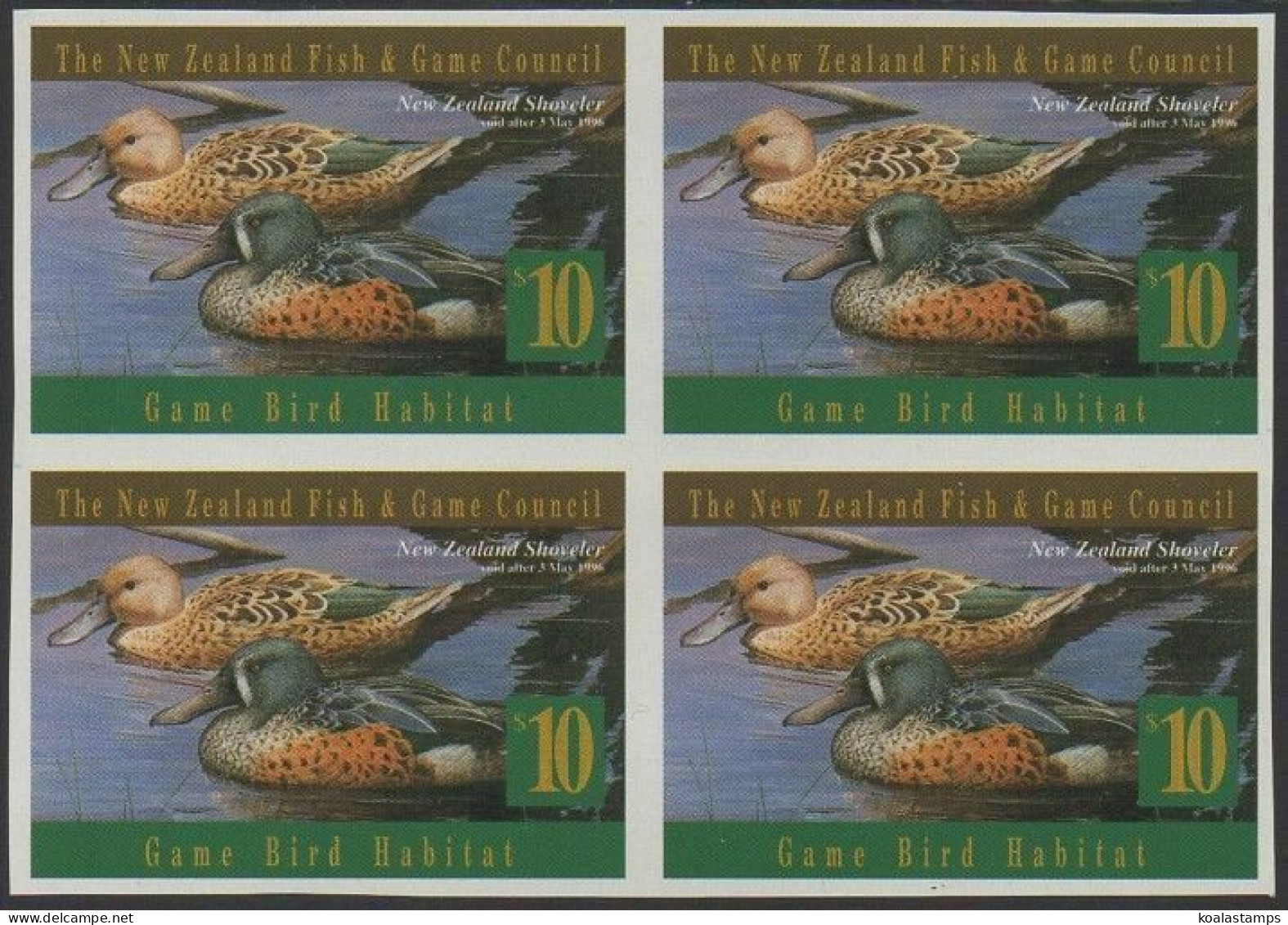 NZ Fish And Game Council 1996 $10 Shoveler IMPERFORATE Block Of 4 MNH - Other & Unclassified