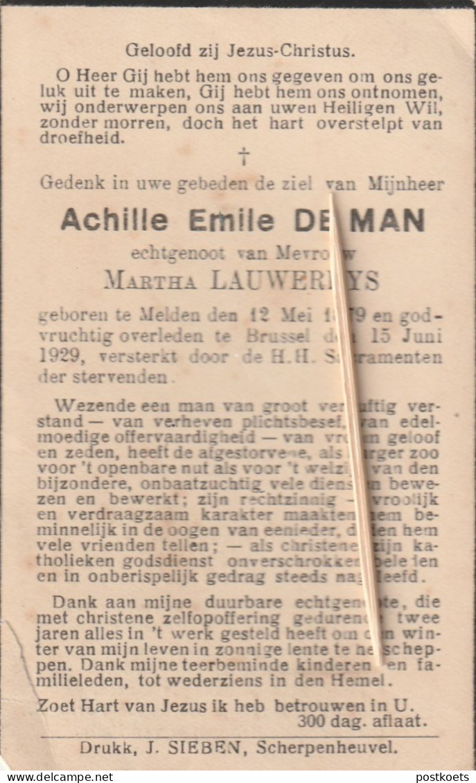 Melden, Brussel, 1929, Achille De Man, Lauwereys - Andachtsbilder