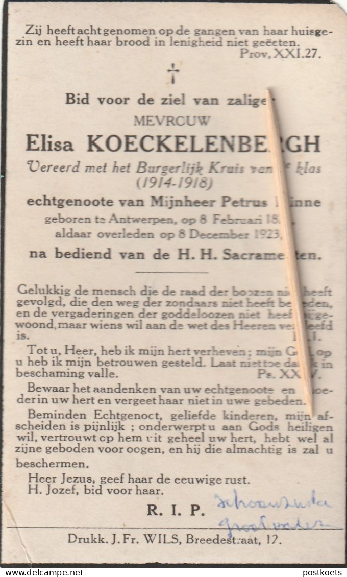 Antwerpen, 1923, Elisa Koeckelbergh, Burgerlijk Kruis 1 Ste Klas, 1914-18, Minne - Devotion Images