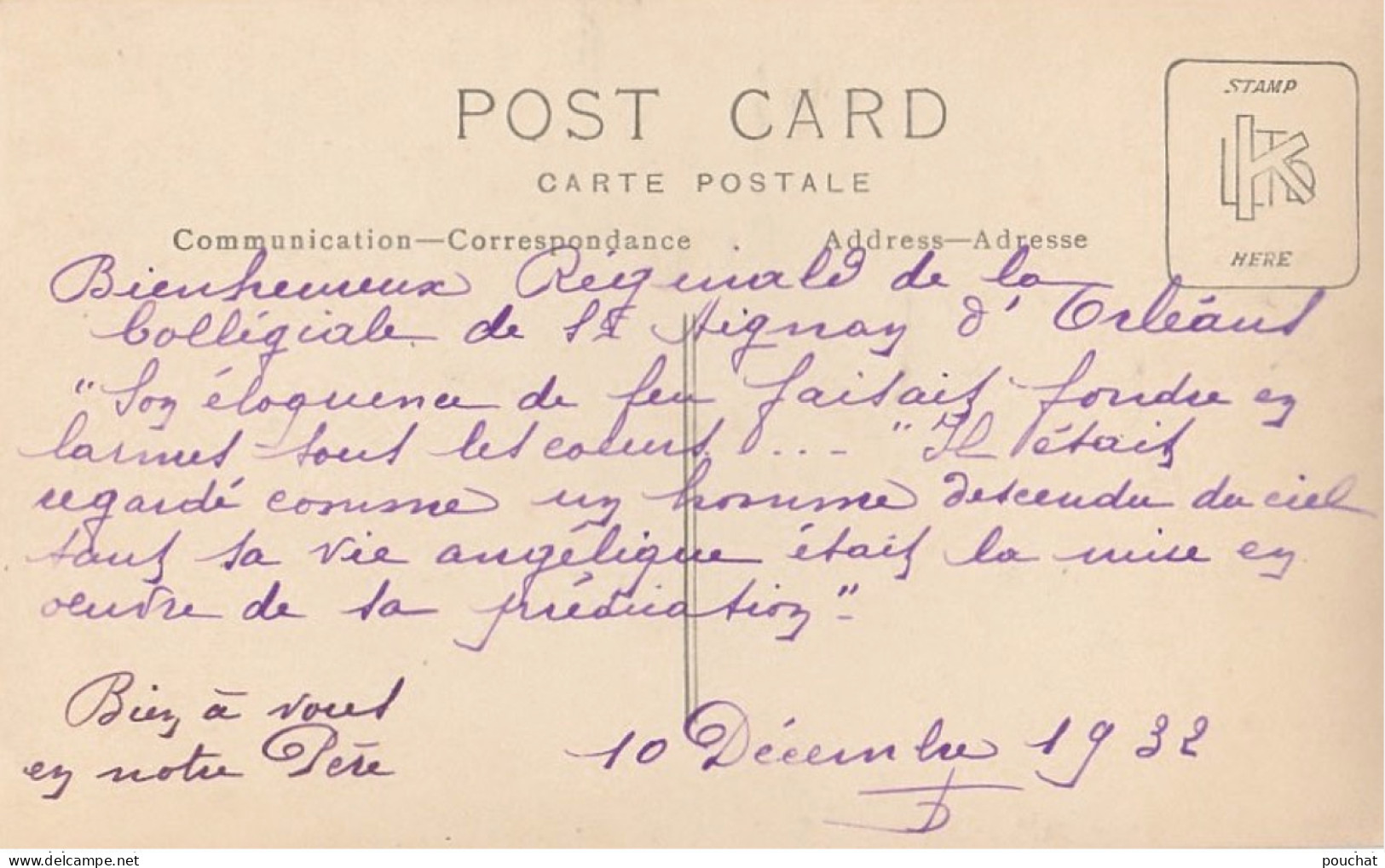 C14-45) ORLEANS LE 10/12/1932 - CARTE PHOTO - DOMINICAIN - BIENHEUREUX REGINALD COLLEGIALE SAINT AIGNAN - ( 2 SCANS ) - Orleans