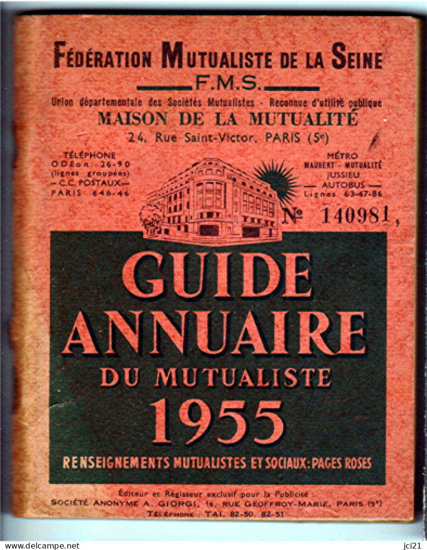 Guide Annuaire Du Mutualiste De La Fédération Mutualiste De La Seine De 1955_rl37 - Publicités