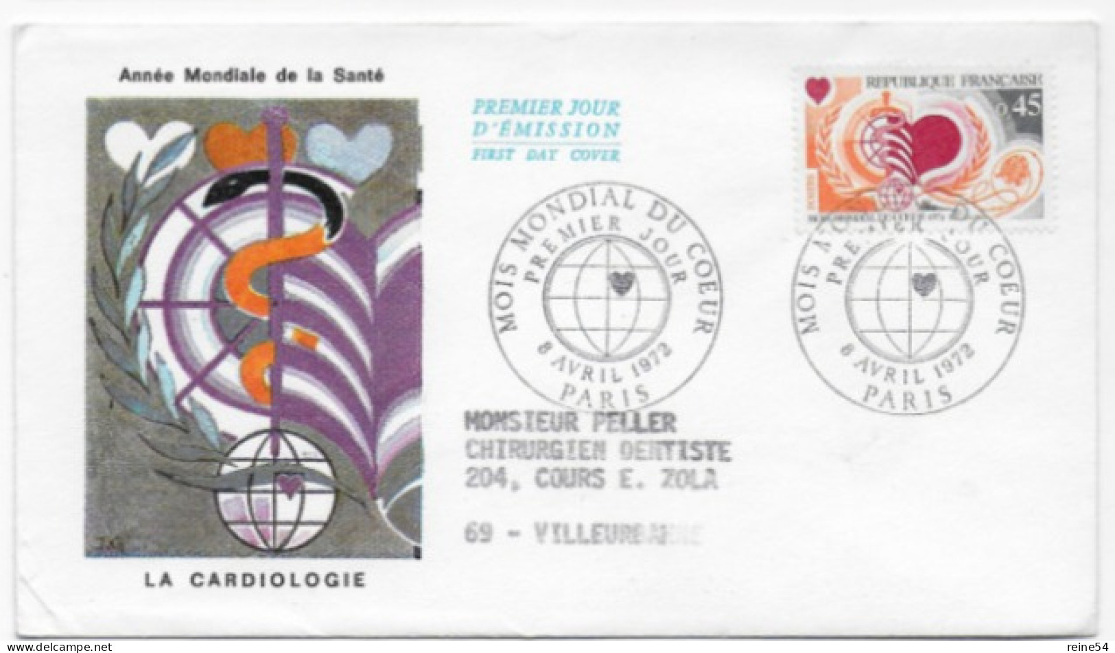 Enveloppe Premier Jour - Mois Mondial Du Coeur 8 Avril 1972 Paris (75) F.D.C N° YT 1711 (circulé) - 1970-1979