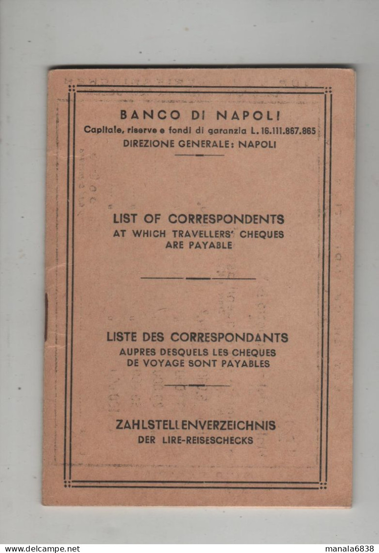 Banco Di Napoli List Of Correspondents Travellers Chèques - Non Classés