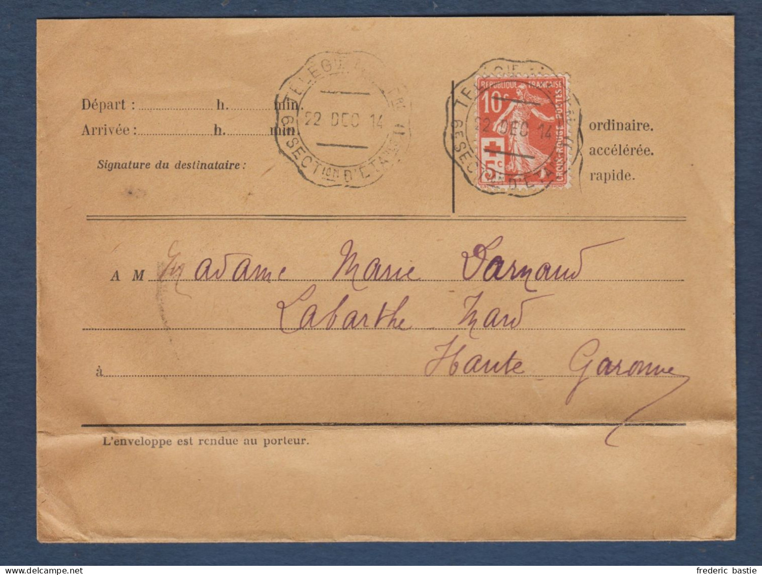 Cachet TELEGie MILITre  6e SECTion D' ETApes  Sur Semeuse Croix Rouge - 1877-1920: Semi Modern Period