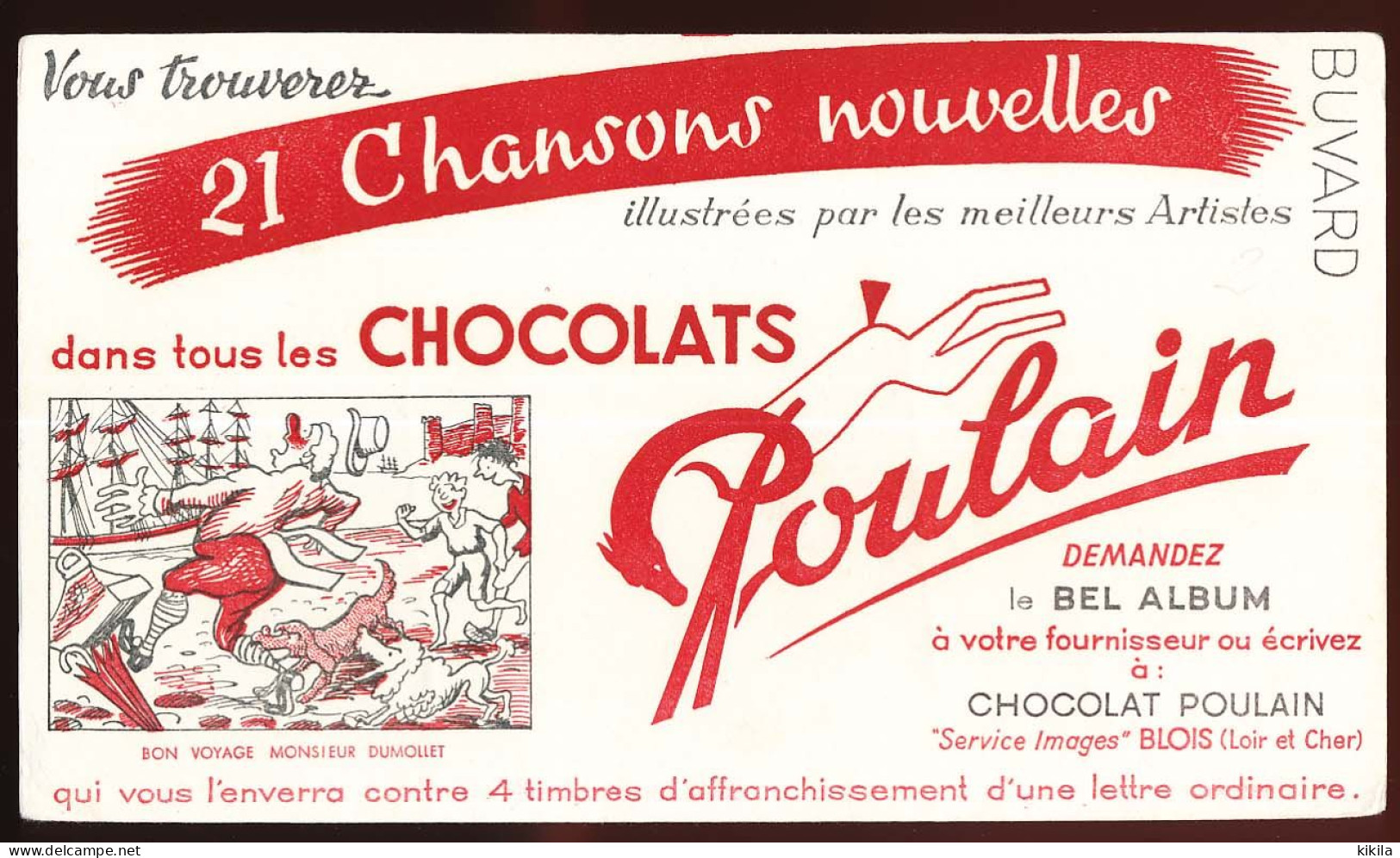 Buvard  21.6 X.13.5  Chocolat POULAIN  Chansons Bon Voyage M. Dumollet  Bâteau Trois Mats Voile Chien Parapluie - Chocolat