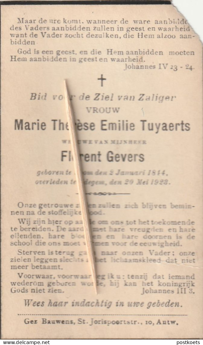 Boom, Edegem, 1923, Marie Tuyaerts, Gevers - Images Religieuses