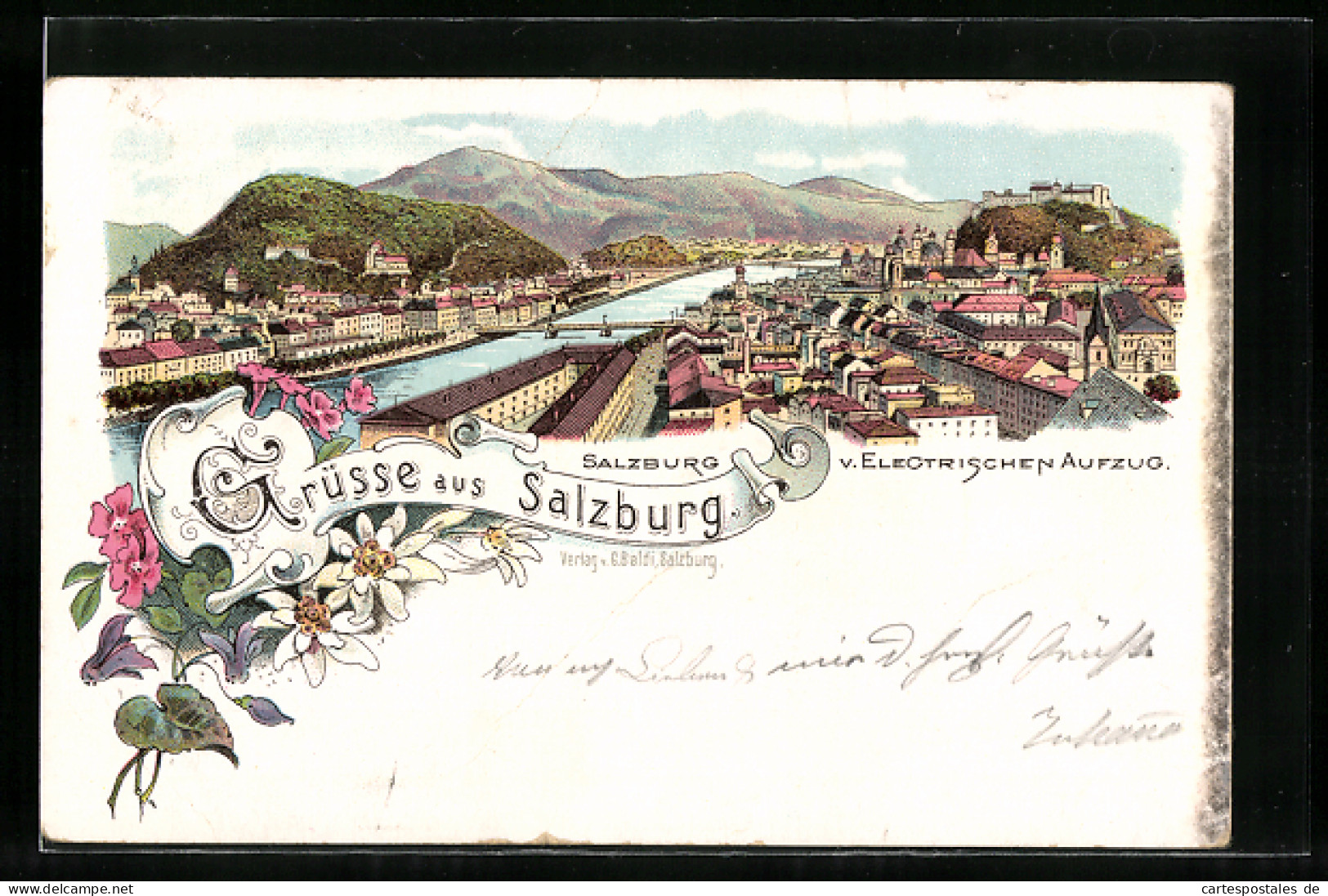 Lithographie Salzburg, Panorama Der Stadt Mit Salzach  - Sonstige & Ohne Zuordnung