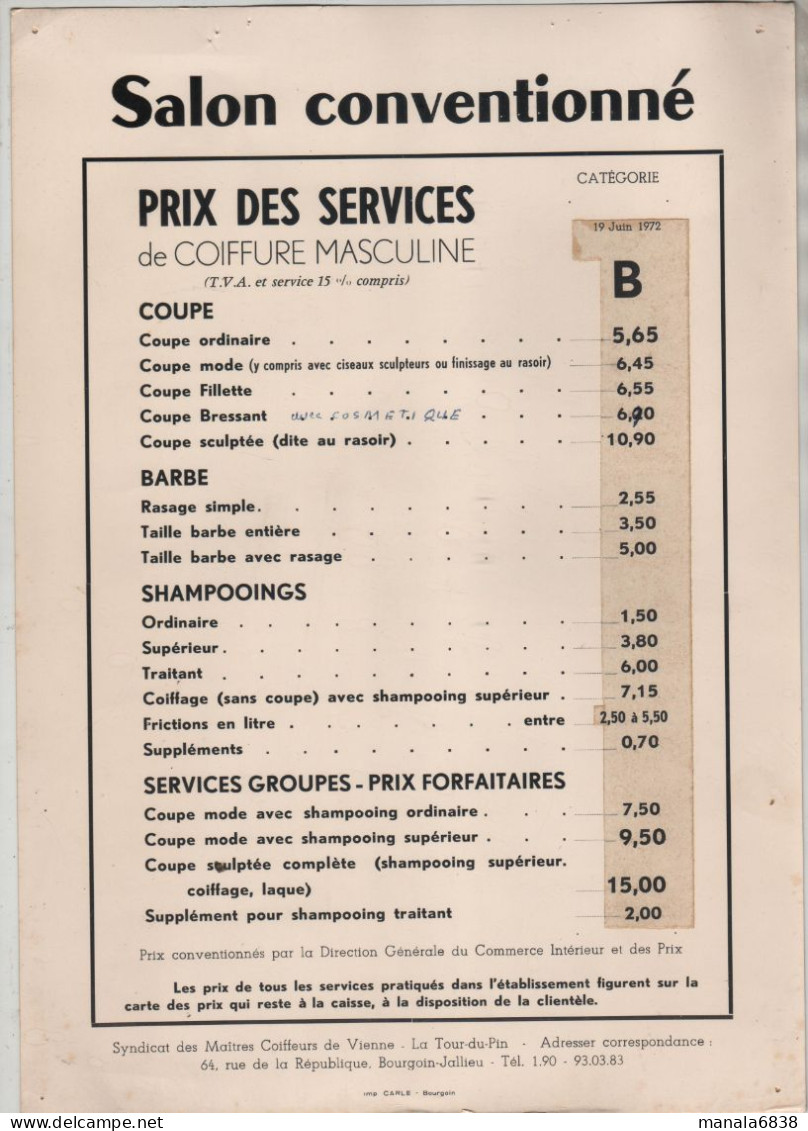 Coiffure Masculine Salon Conventionné Prix Des Services Isère 1972 - Unclassified