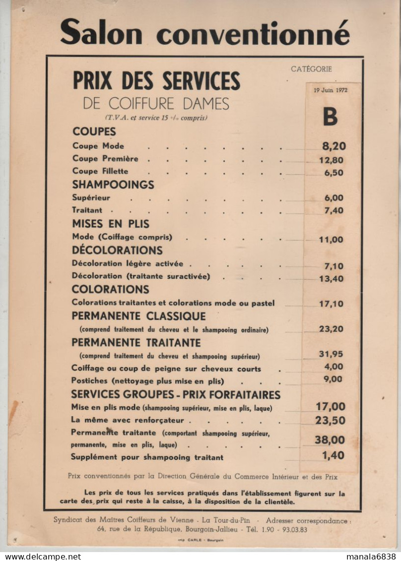 Coiffure Dames Salon Conventionné Prix Des Services Isère 1972 - Non Classés