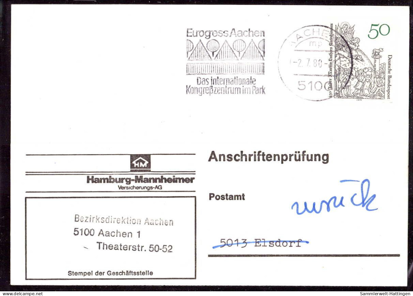 604274 | Seltene Anschriftenprüfung Der Hamburg - Mannheimer Versicherung, Martin Luther  | Aachen (W - 5100), -, - - Lettres & Documents