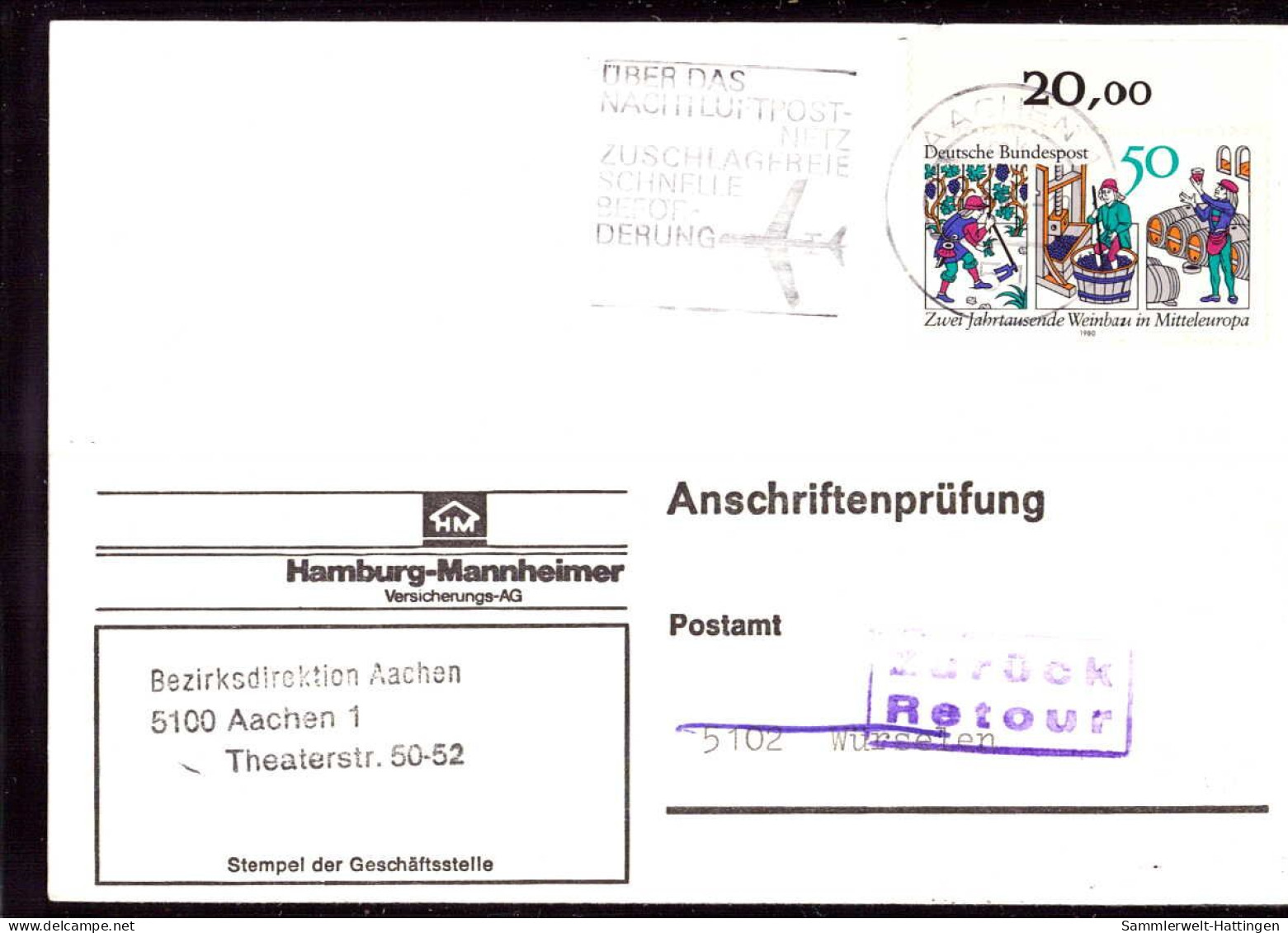 604272 | Seltene Anschriftenprüfung Der Hamburg - Mannheimer Versicherung, 2000 Jahre Weinbau  | Aachen (W - 5100), -, - - Cartas & Documentos