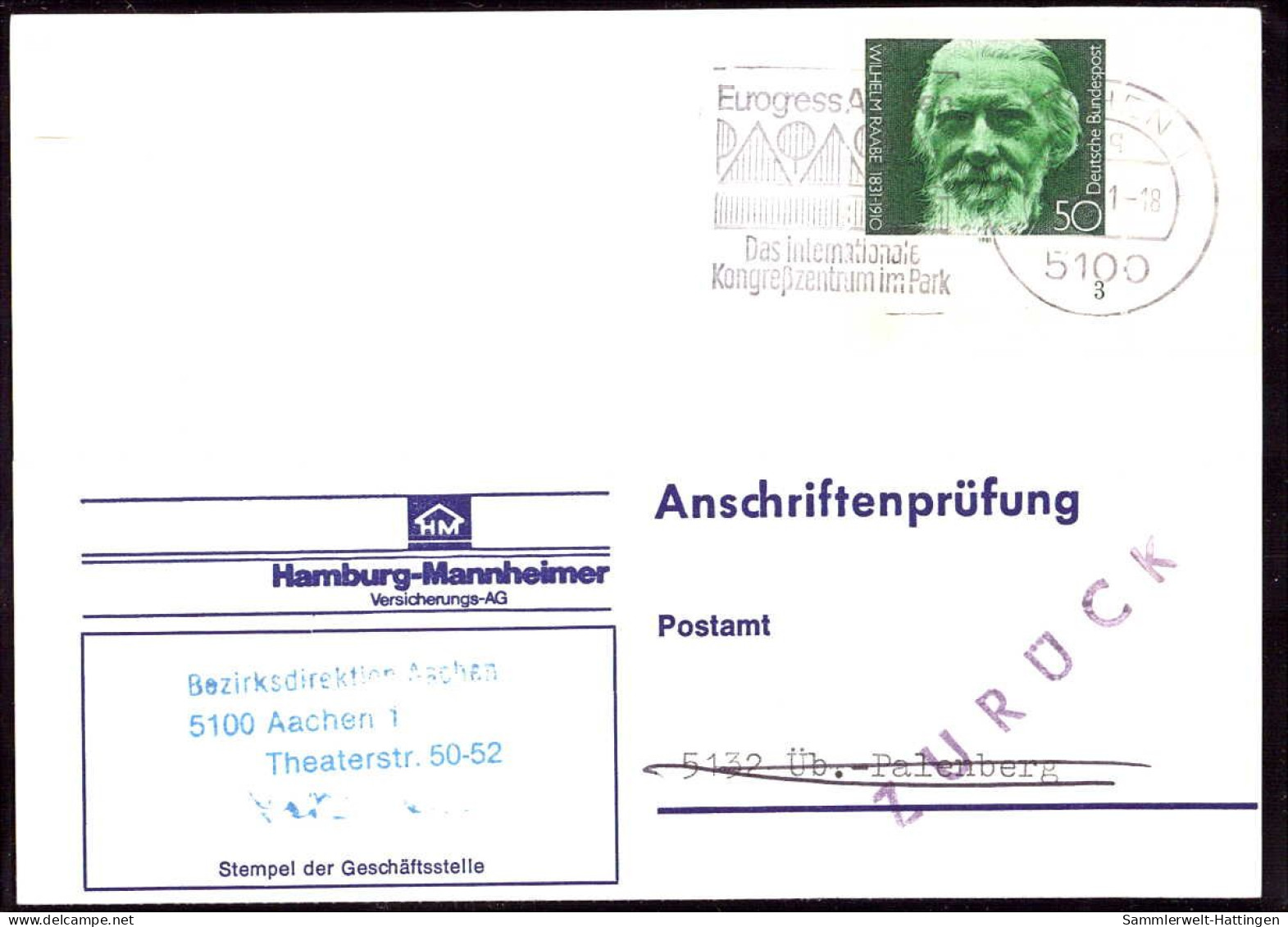 604268 | Seltene Anschriftenprüfung Der Hamburg - Mannheimer Versicherung, Wilhelm Raabe  | Aachen (W - 5100), -, - - Lettres & Documents