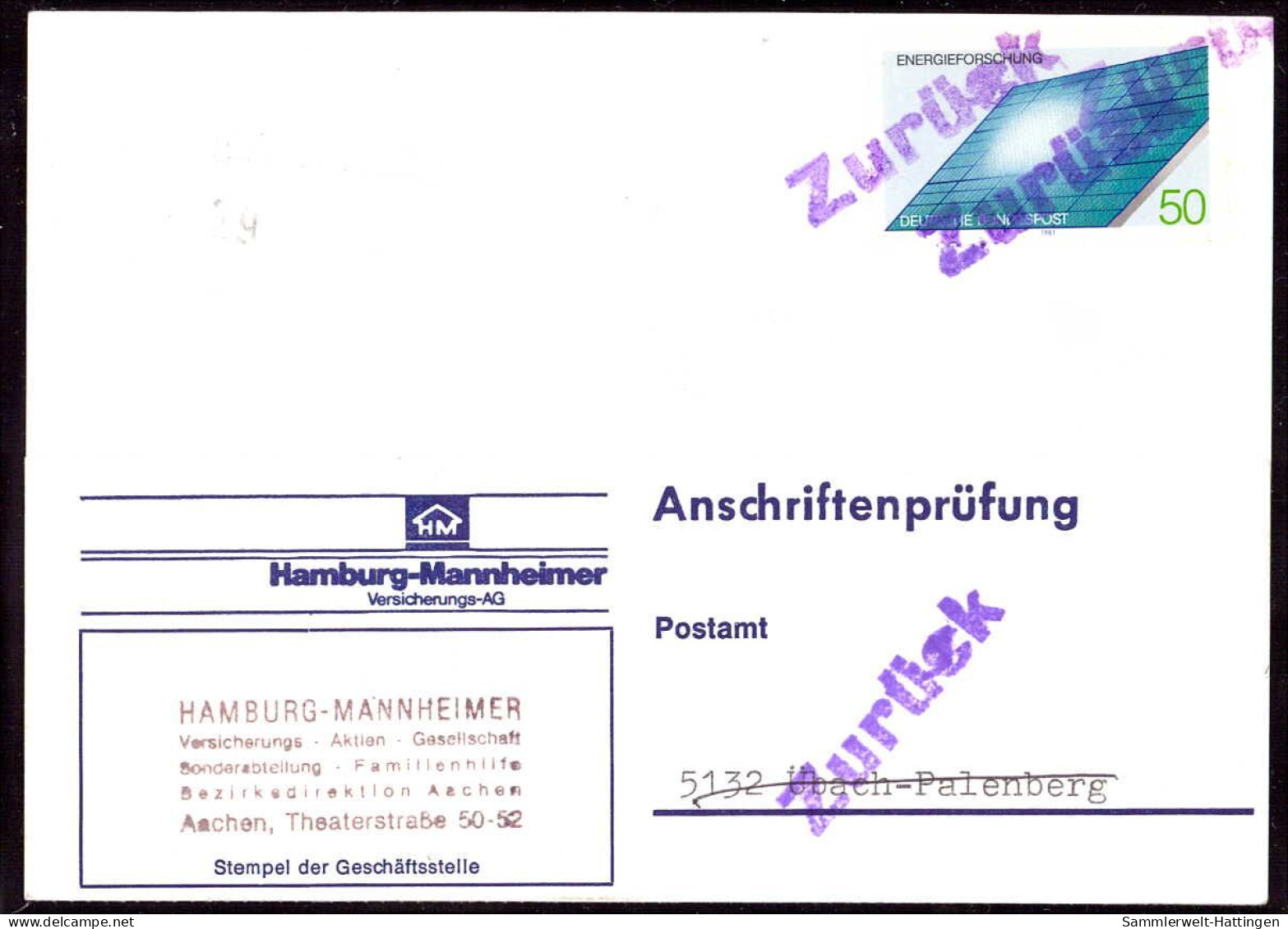 604270 | Seltene Anschriftenprüfung Der Hamburg - Mannheimer Versicherung, Sonne, Energie  | Aachen (W - 5100), -, - - Lettres & Documents