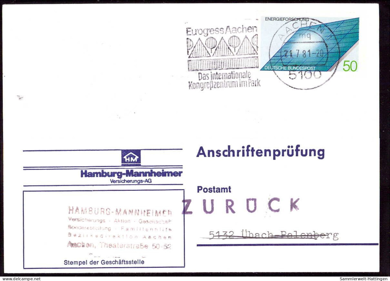 604269 | Seltene Anschriftenprüfung Der Hamburg - Mannheimer Versicherung, Sonne, Energie  | Aachen (W - 5100), -, - - Lettres & Documents