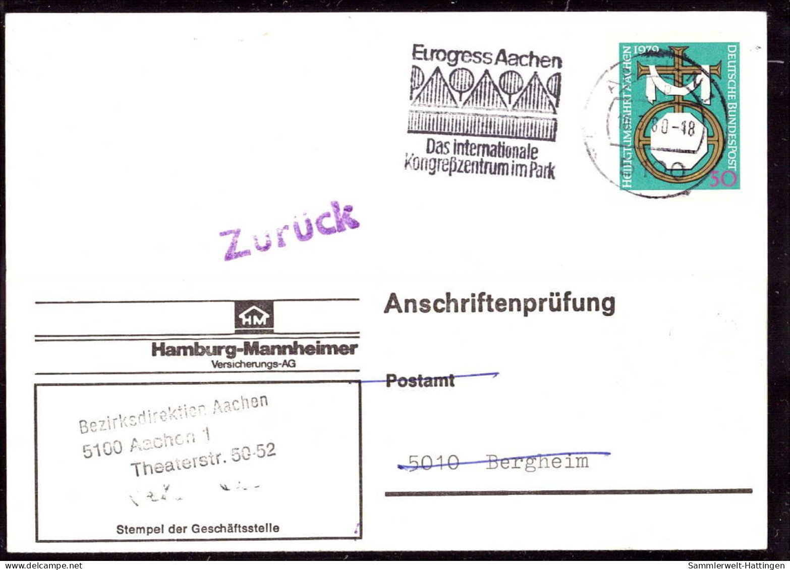 604273 | Seltene Anschriftenprüfung Der Hamburg - Mannheimer Versicherung, Heiligtumsfahrt  | Aachen (W - 5100), -, - - Cartas & Documentos