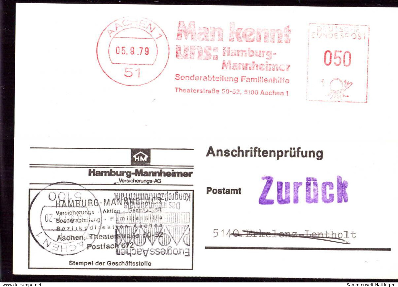 604266 | Seltene Anschriftenprüfung Der Hamburg - Mannheimer Versicherung,  | Aachen (W - 5100), -, - - Briefe U. Dokumente