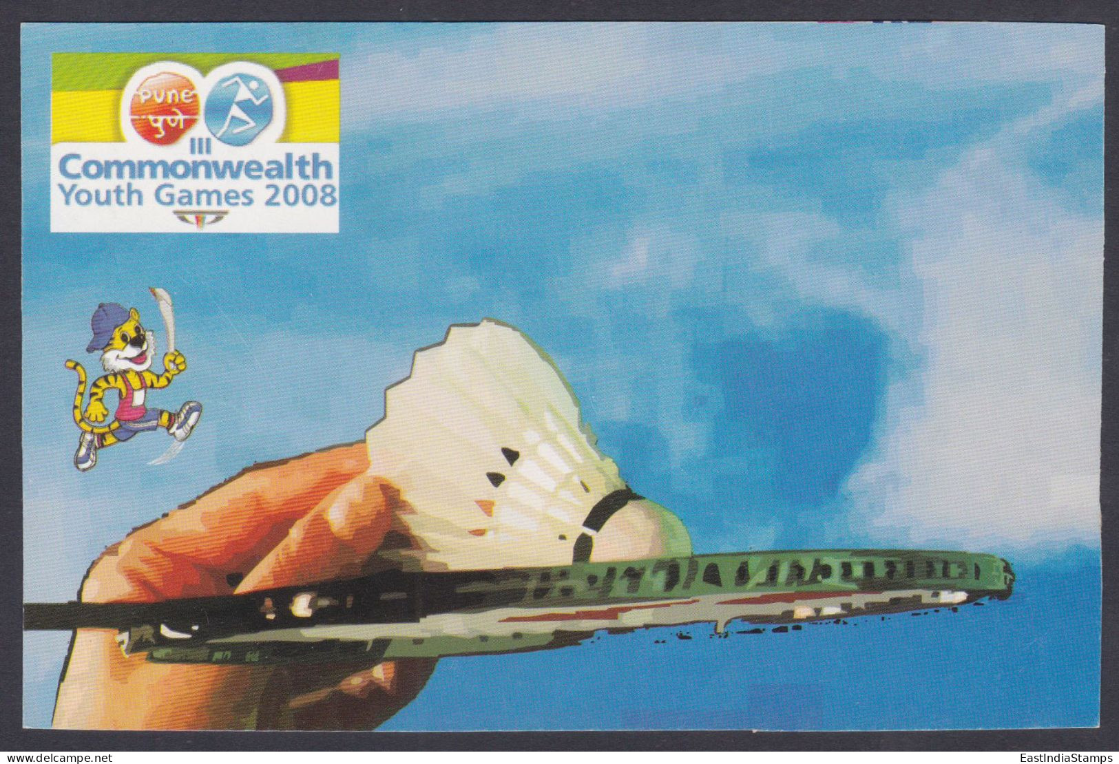 Inde India Mint Unused Postcard Badminton, Commonwealth Youth Games 2008, Sport, Sports, Tiger, Mascot - Inde