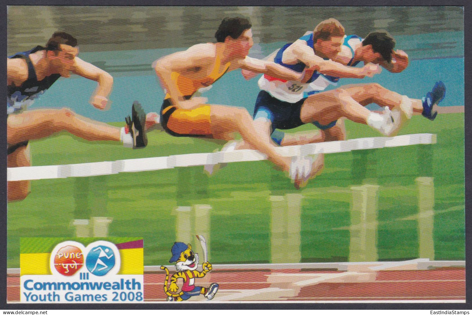 Inde India Mint Unused Postcard Athletics, Men's Hurdle Race Commonwealth Youth Games 2008, Sport, Sports, Tiger, Mascot - Inde