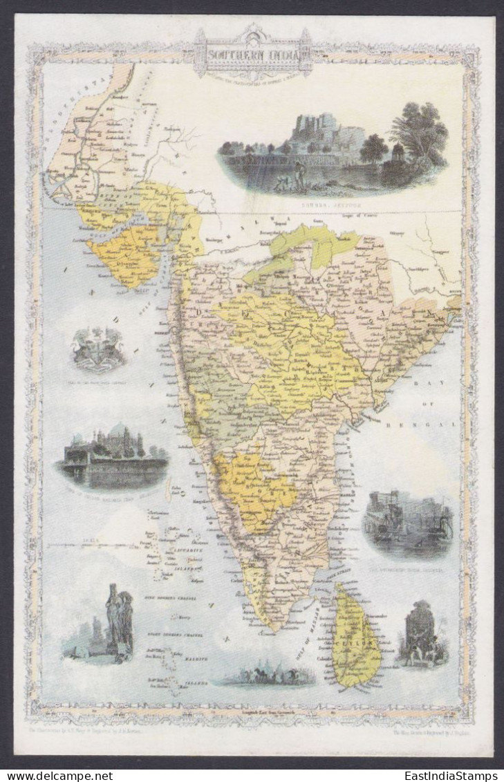 Inde India Mint Unused Postcard Southern India, Map, Maps, Fort, Forts, Statue, Temple, Horse, Lake, Statues - Inde